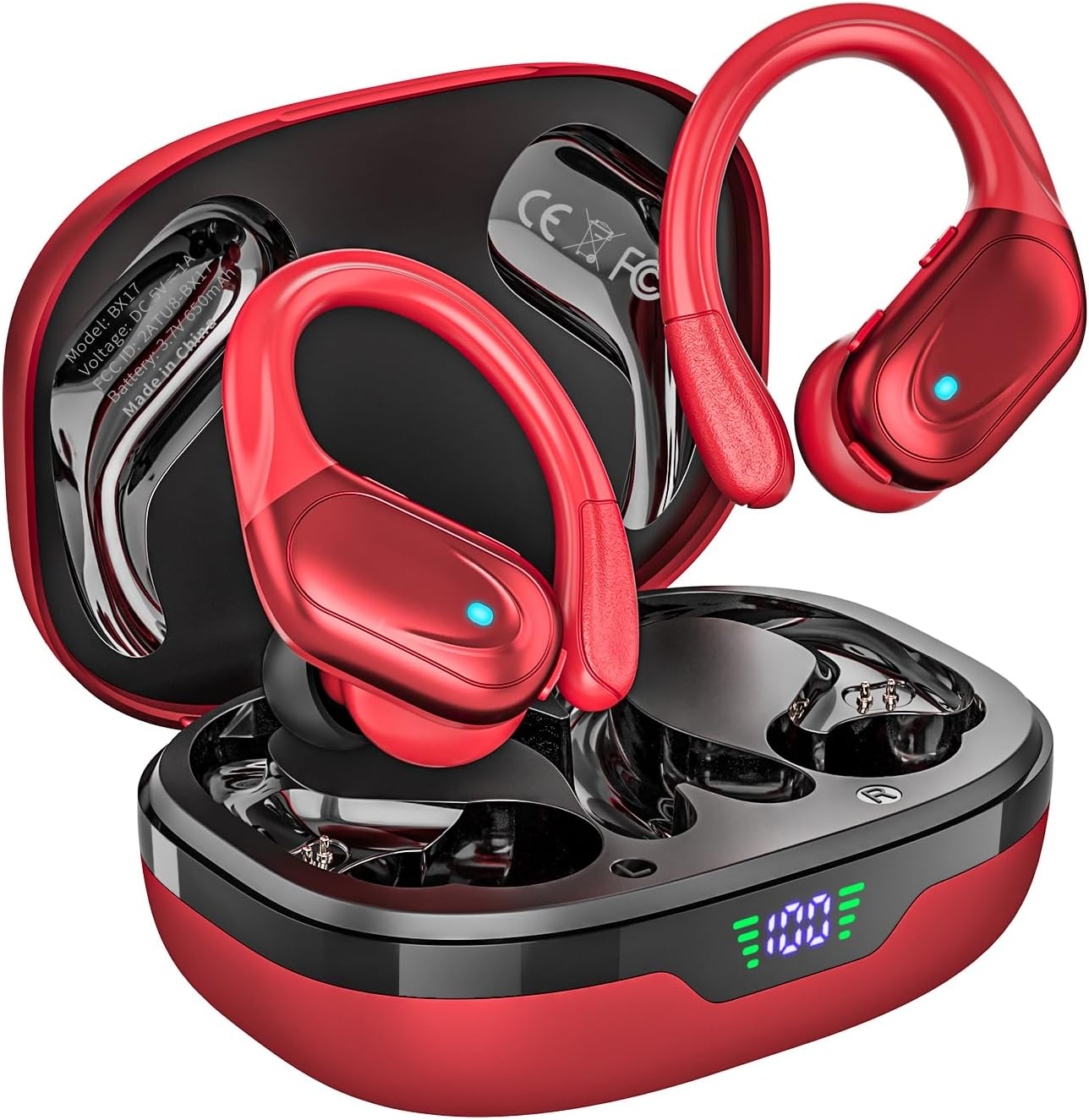 Wireless Earbuds, Sports Bluetooth Headphones, Noise Canceling Ear Buds with 80Hr Playtime, LED Power Display, IPX7 Waterproof Earphones for Gym/Workout（Red）