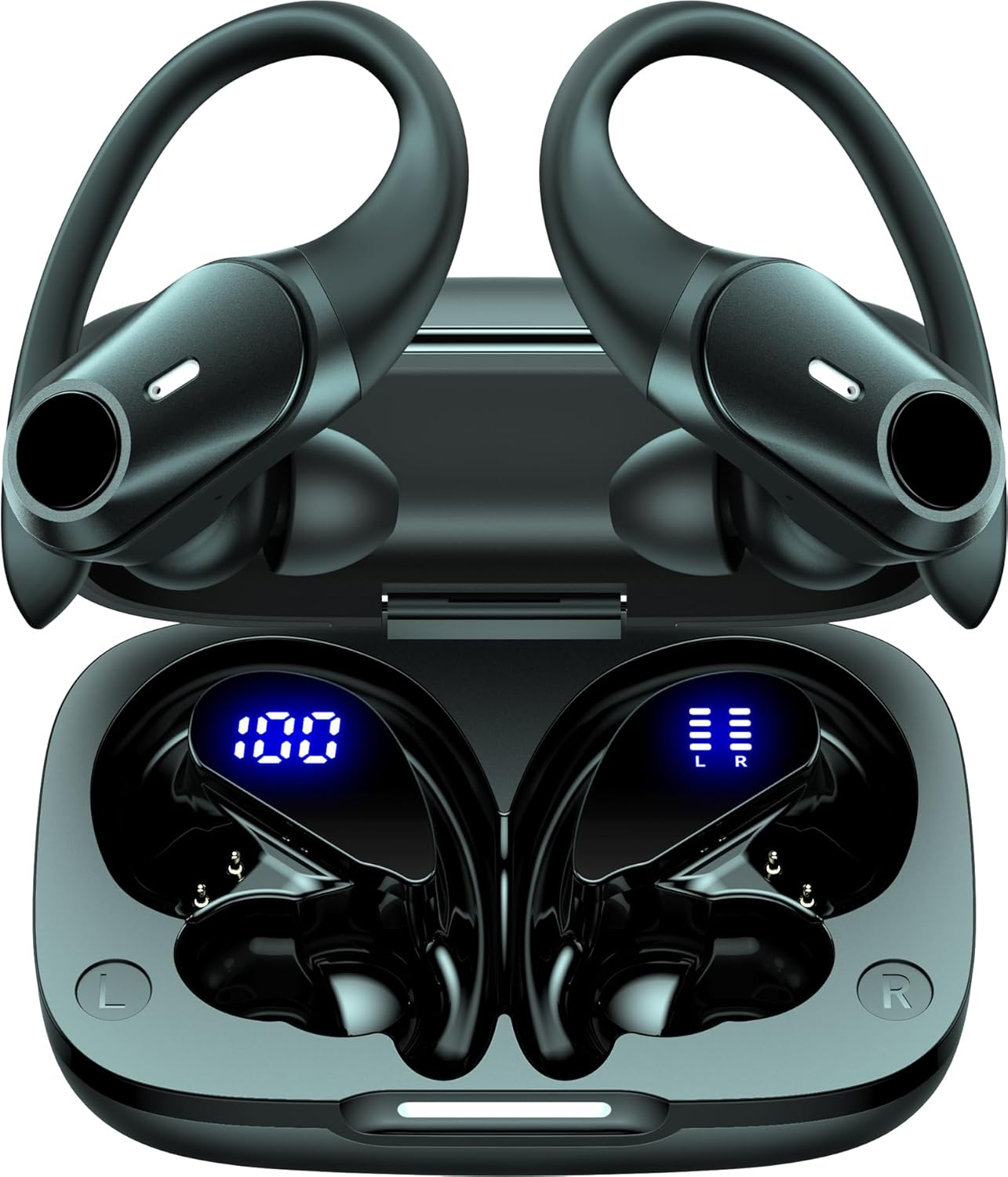 Active Noise Cancelling Ear Buds Wireless Earbuds 80H Playtime Bluetooth Headphones with LED Display Case, Hi-Res Audio Clear Calls Earphones with over Ear Hooks for Running Gym Workout Travel Black