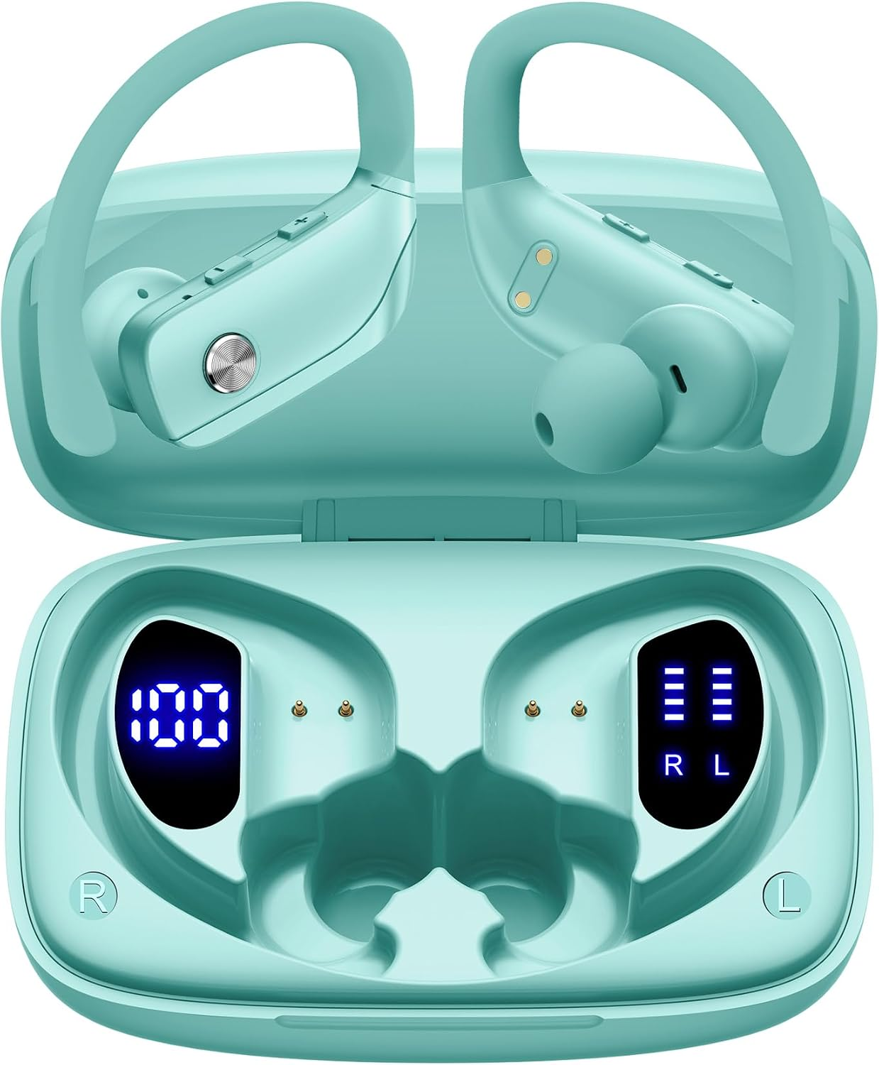 Ear Buds Wireless Earbuds Bluetooth Headphones with 80H Playtime LED Display Case, Over-Ear Hook with Mic, Stereo Sound, Easy Button Controls, Sports Earphones for Running Workout Gym Mint Green