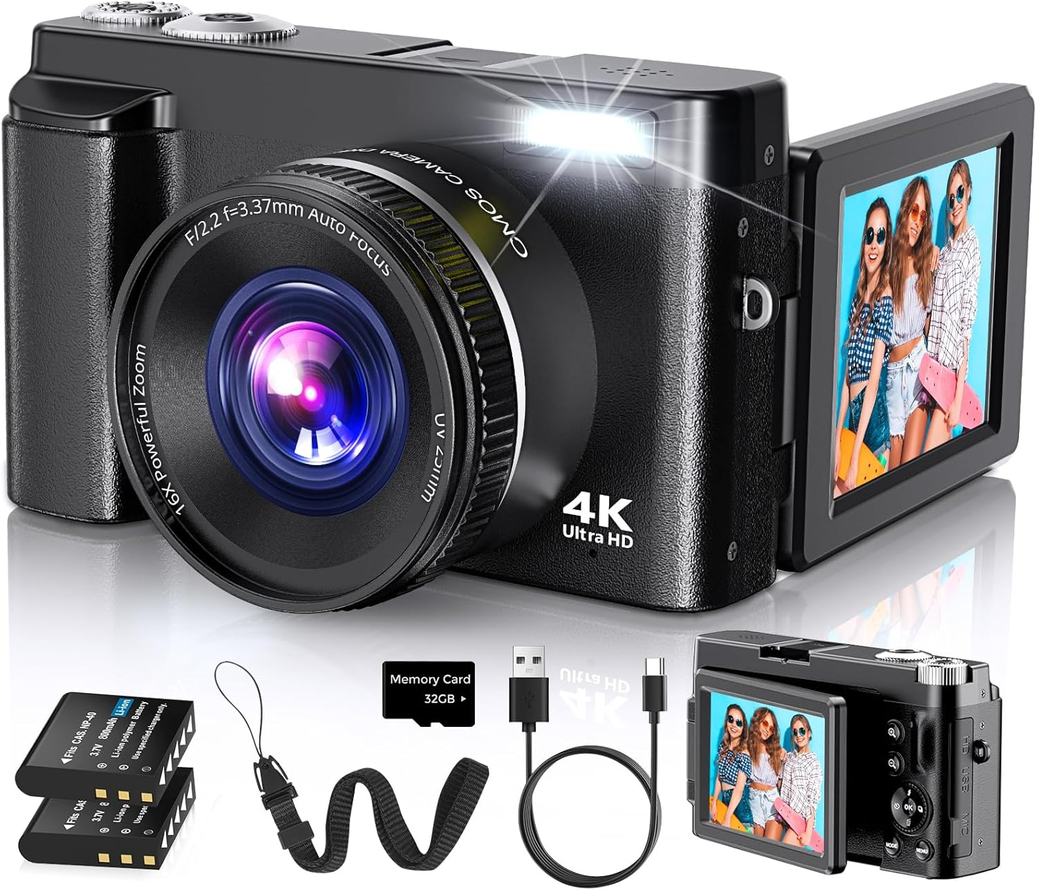4K Digital Camera for Photography Autofocus, 2026 Latest 48MP Vlogging Camera for Youtube with SD Card, 2 Batteries, 3" 180°Flip Screen Compact Travel Camera for Teens with 16X Zoom,Black