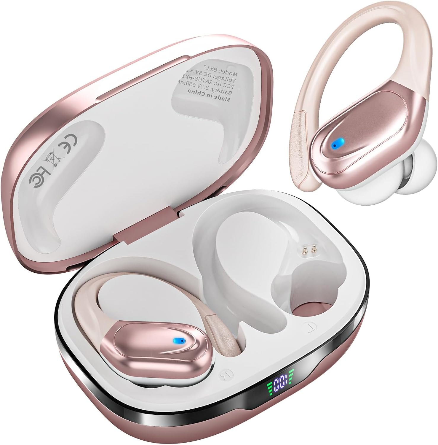 Sports Bluetooth Headphones, 80Hrs Playtime Wireless Earbuds with LED Power Display, IPX7 Waterproof Earphones for Workout/Running, Noise Canceling Headset Ear Buds Champagne Gold