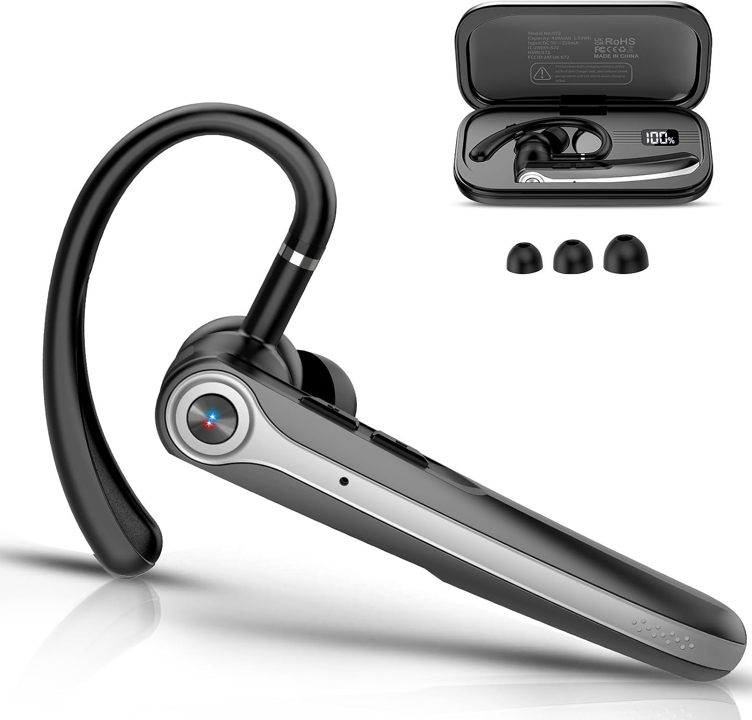 Bluetooth Headset, Wireless Bluetooth Earpiece, Black | ENC Noise Canceling Mic, 120Hrs Talk, LED Display, IPX7, V5.4 Hand-Free Earphone for Business/Trucker/Driver