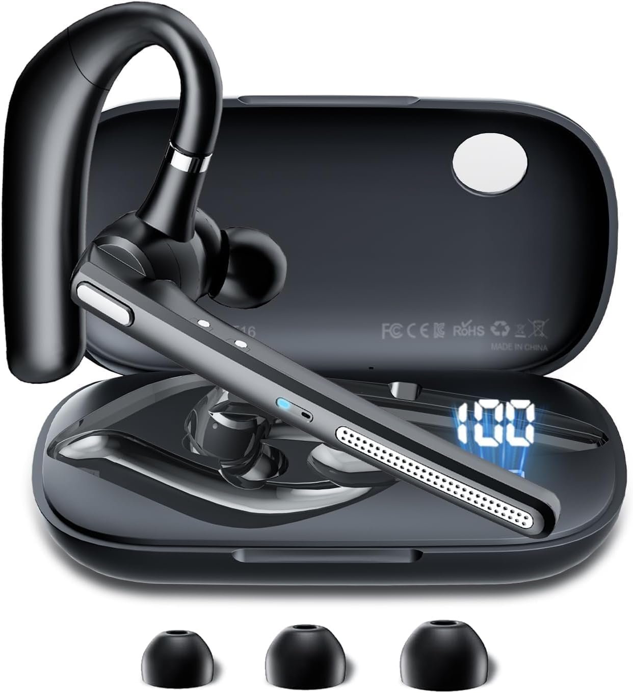Bluetooth Headset with 72-Hour Talk Time & 500Mah Charging Case, Bluetooth V5.3 Headset with Noise Cancelling Mic – Wireless Earpiece Hands-Free Headphones for Office Trucker Driving Business,Black