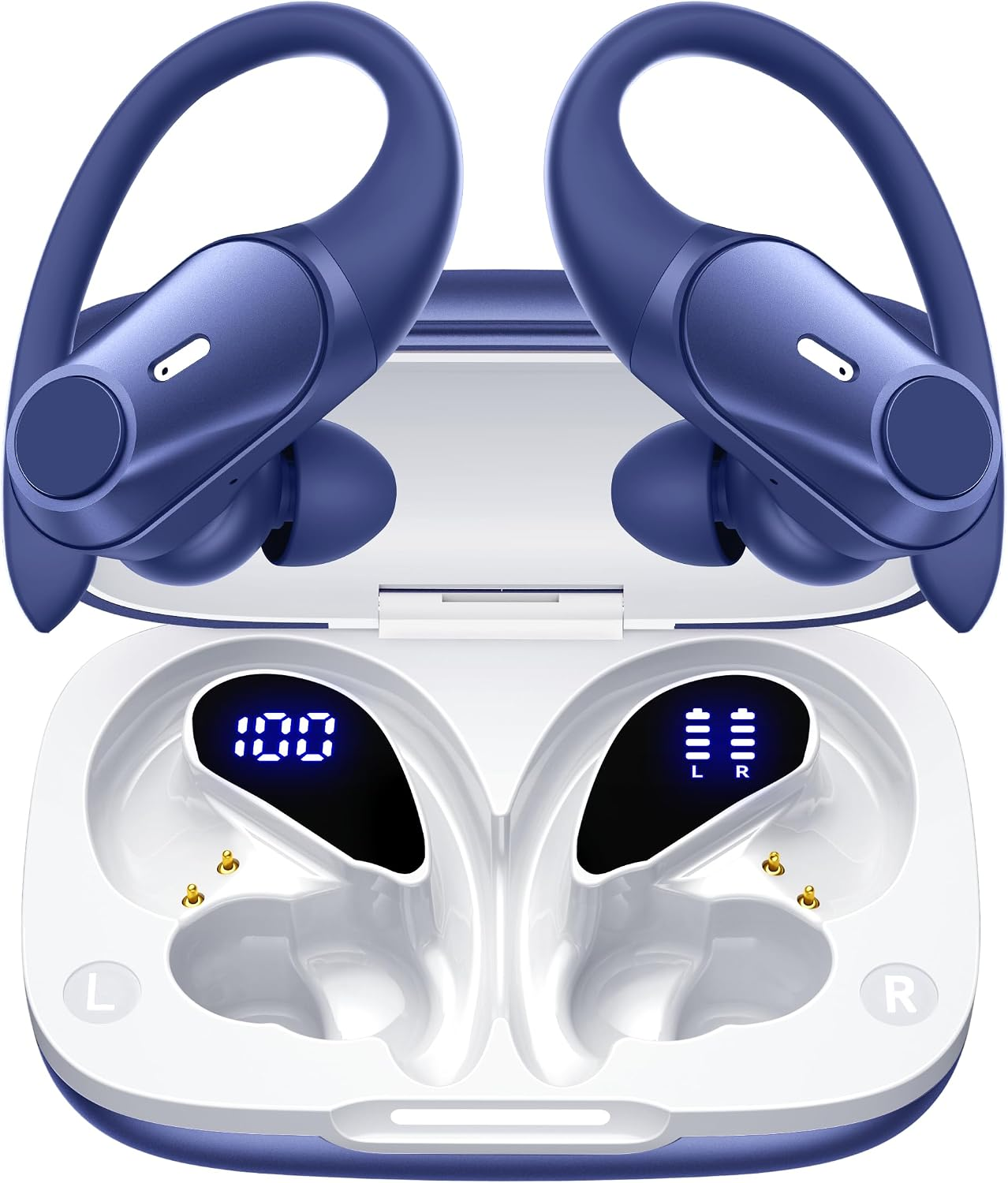 Active Noise Cancelling Ear Buds Wireless Earbuds 80H Playtime Bluetooth Headphones with LED Display Case, Hi-Res Audio Clear Calls Earphones with over Ear Hooks for Running Gym Workout Travel Blue