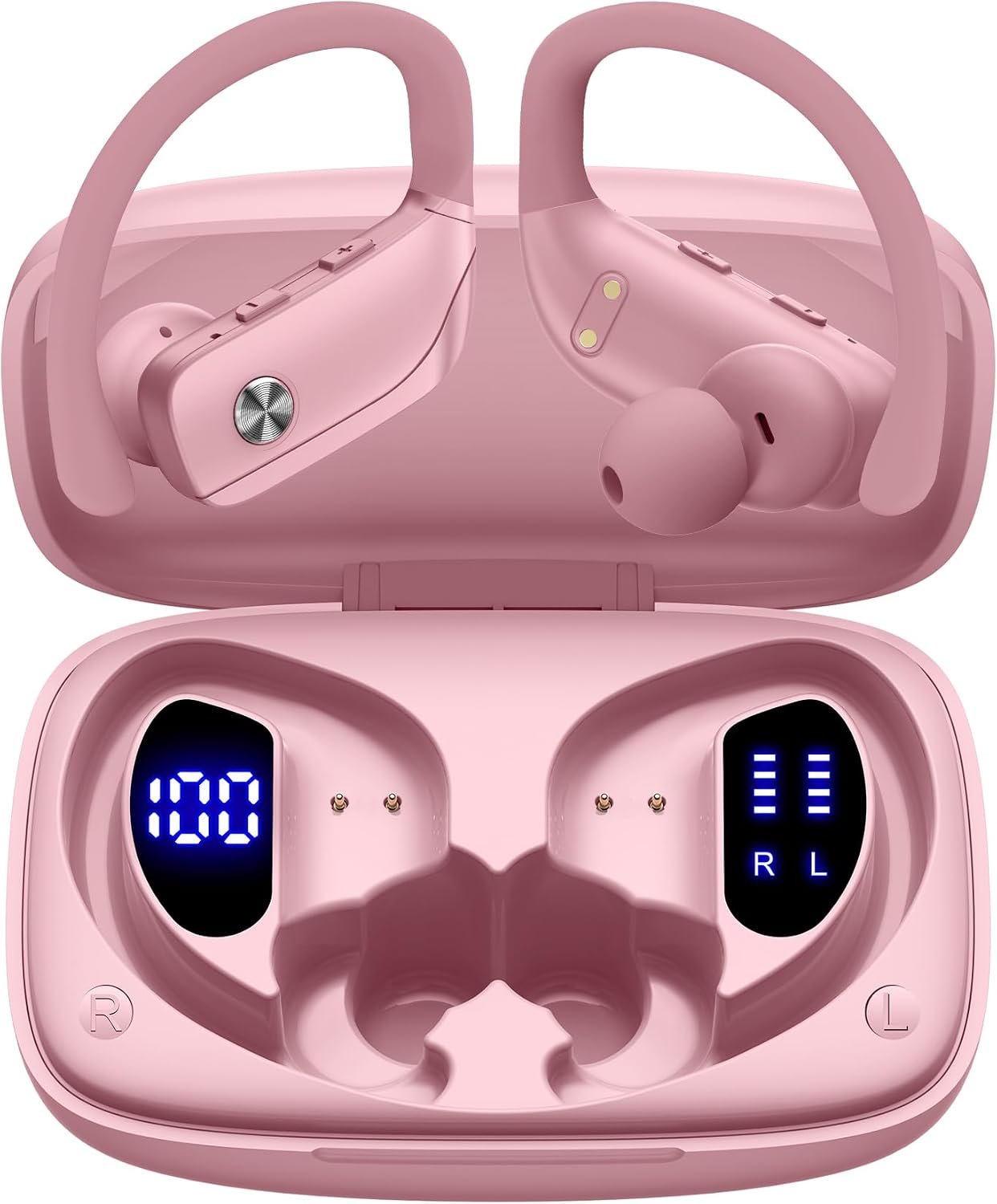 Ear Buds Wireless Earbuds Bluetooth Headphones with 80H Playtime LED Display Case, Over-Ear Hook with Mic, Stereo Sound, Easy Button Controls, Sports Earphones for Running Workout Gym Pink