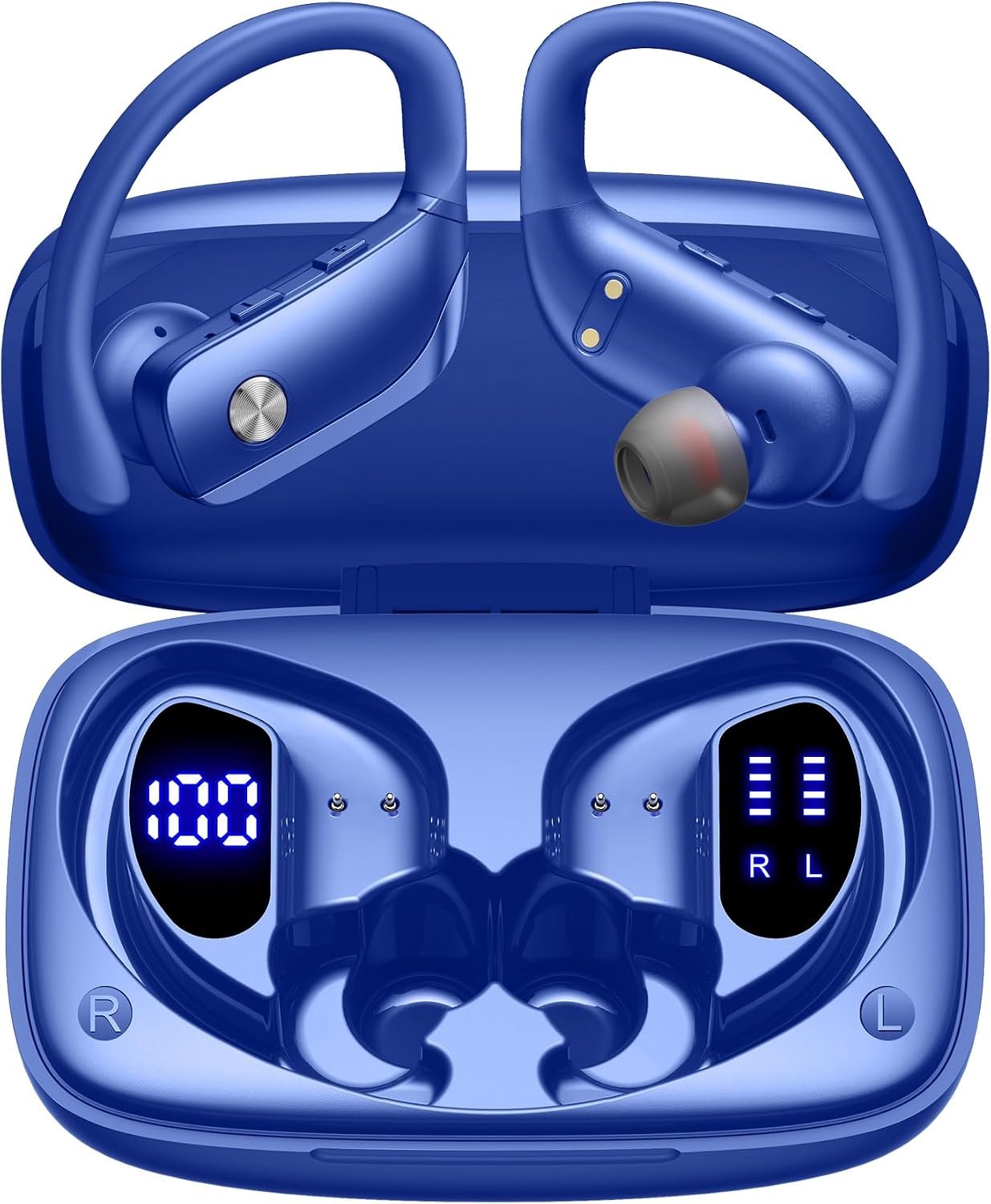 Ear Buds Wireless Earbuds Bluetooth Headphones with 80H Playtime LED Display Case, Over-Ear Hook with Mic, Stereo Sound, Easy Button Controls, Sports Earphones for Running Workout Gym Blue