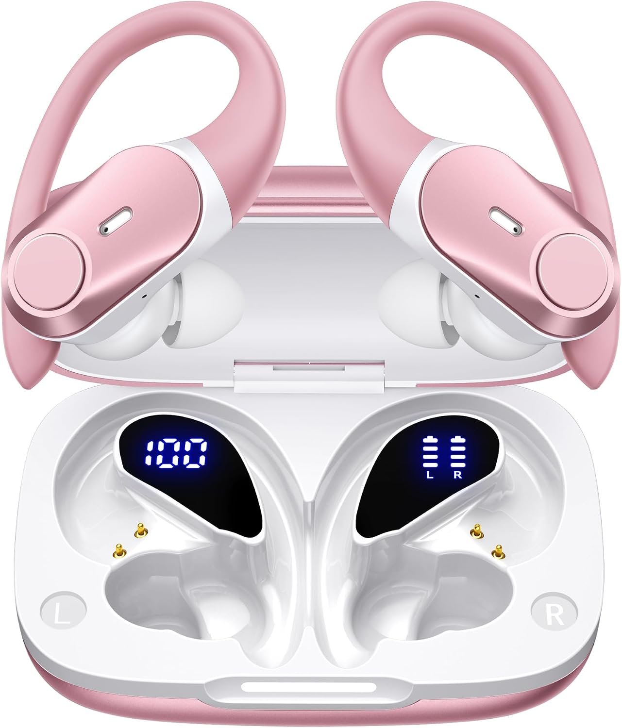 Active Noise Cancelling Ear Buds Wireless Earbuds 80H Playtime Bluetooth Headphones with LED Display Case, Hi-Res Audio Clear Calls Earphones with over Ear Hooks for Running Gym Workout Rose Gold