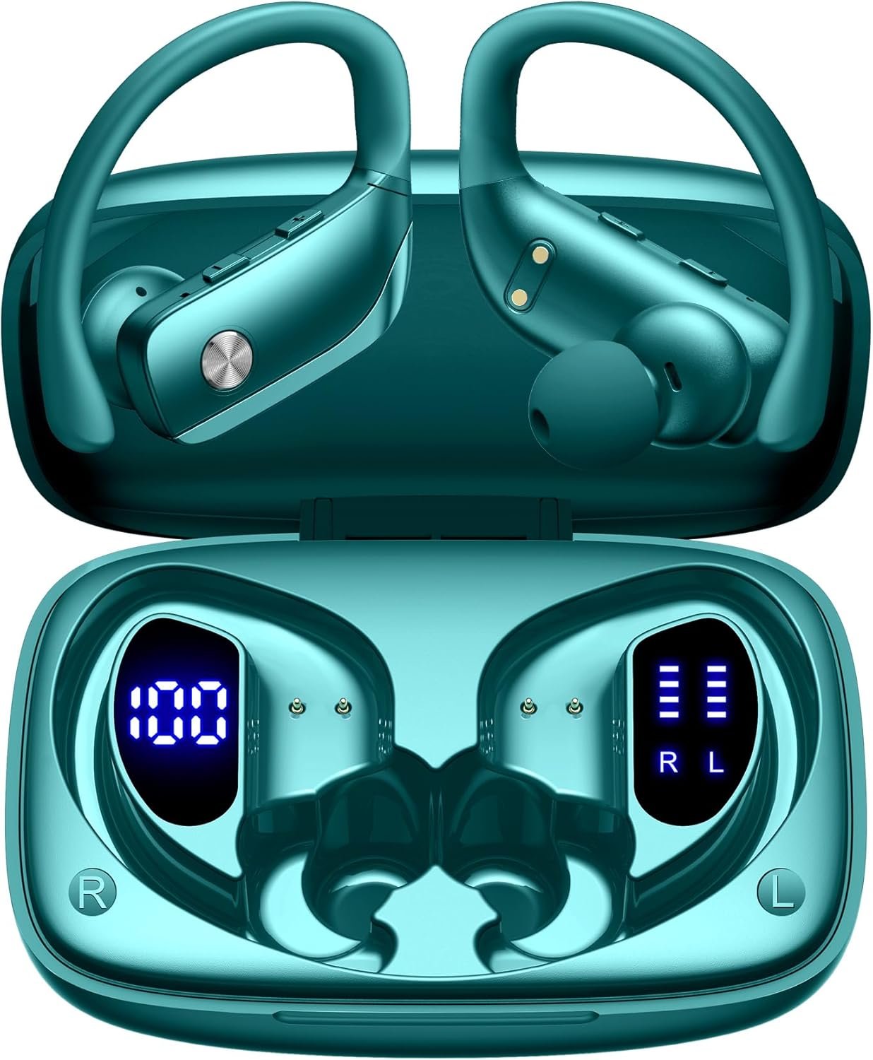 Ear Buds Wireless Earbuds Bluetooth Headphones with 80H Playtime LED Display Case, Over-Ear Hook with Mic, Stereo Sound, Easy Button Controls, Sports Earphones for Running Workout Gym Green