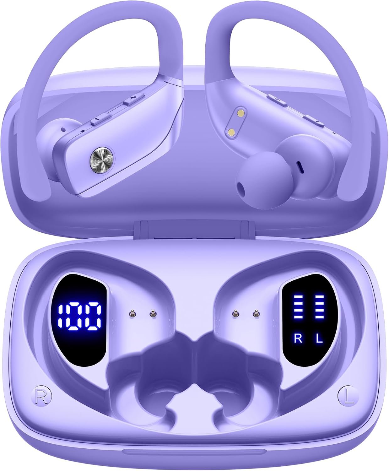 Ear Buds Wireless Earbuds Bluetooth Headphones with 80H Playtime LED Display Case, Over-Ear Hook with Mic, Stereo Sound, Easy Button Controls, Sports Earphones for Running Workout Gym Purple