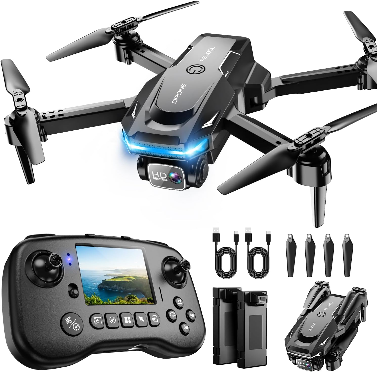 Drone with Camera, Screen on Controller Remote Control Quadcopter FPV Drone | Drone with Built-In Screen Controller for Beginners, Foldable, Gesture Control, 3D Flip, One-Key Start, and Emergency Stop