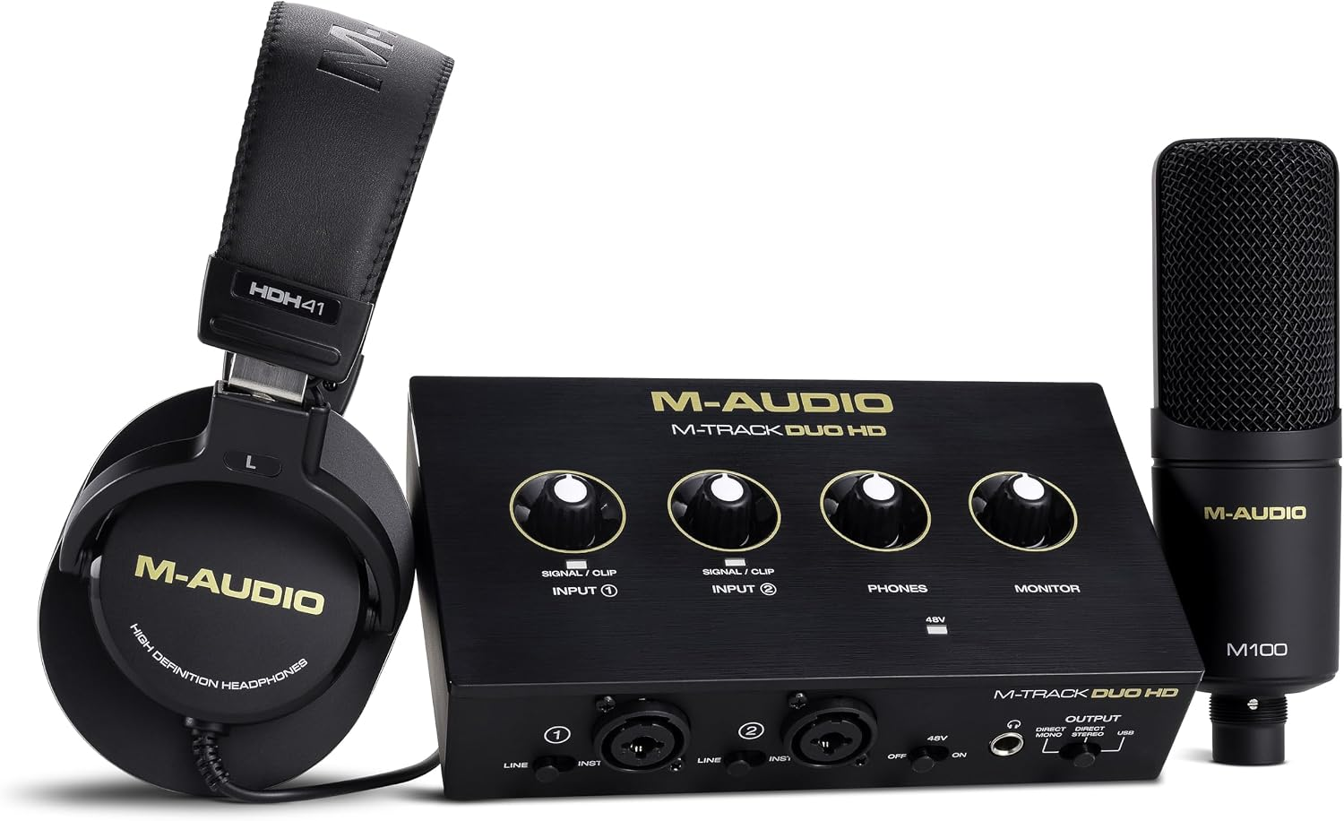 M-Track Duo HD Recording Studio Pack | 2 XLR/TRS Inputs, 2 TRS Outputs, 24-Bit/192Khz, Condenser Microphone, Studio Headphones, for Creators and Podcasts