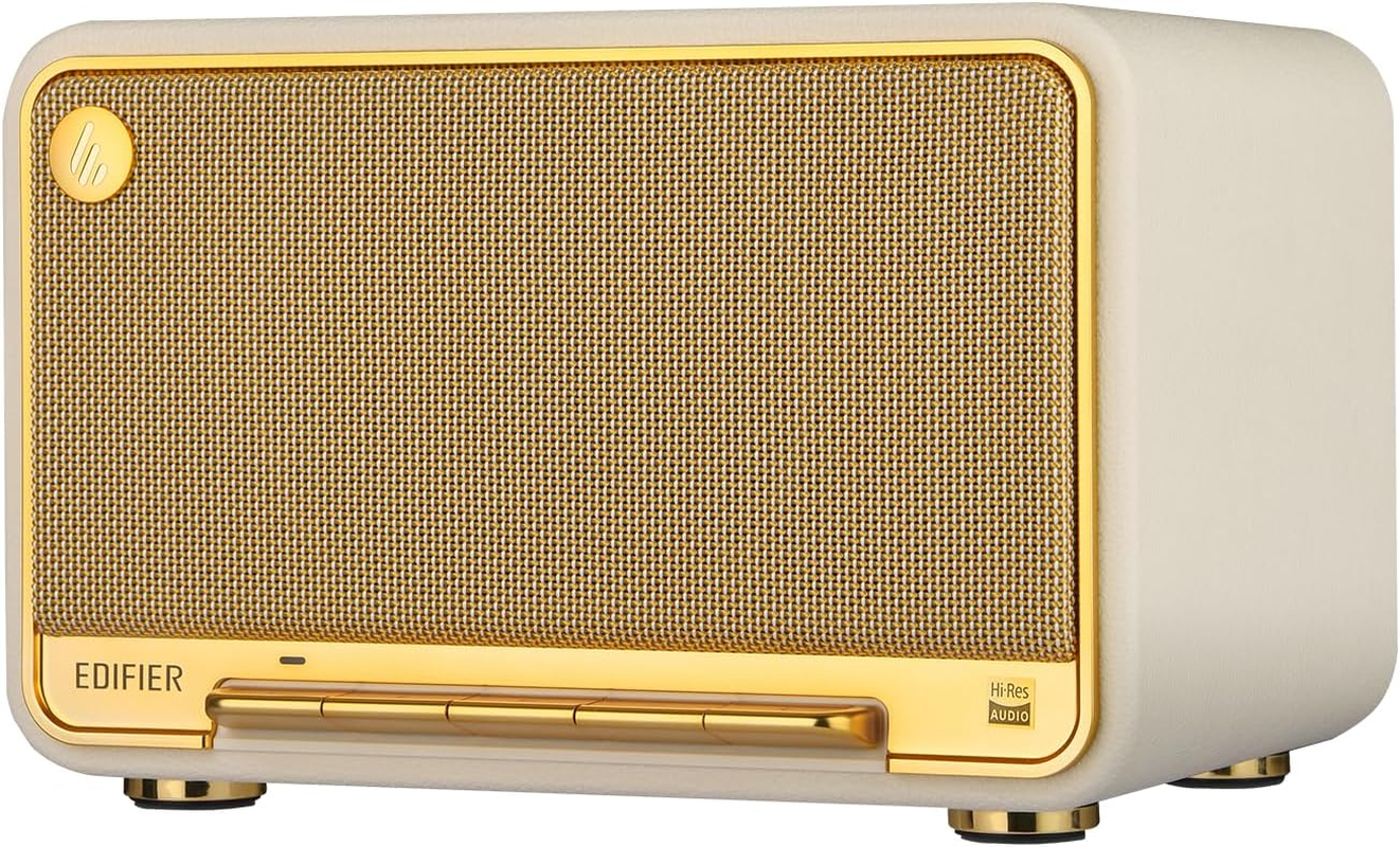 D32 Retro Wooden Tabletop Wireless Speaker Airplay2, White | 60W RMS, Dual Hi-Res, Bluetooth5.3, Hi-Res Audio, ALAC, LDAC, 11H Battery, DSP Crossover, MDF Retro Cabinet, USB-C, AUX Input