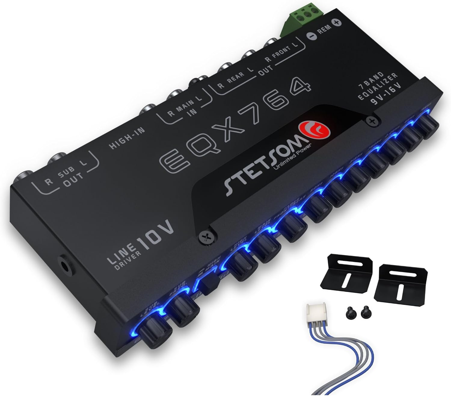 EQX764-7 Band Equalizer, Pre-Amp Car Audio Graphic Equalizer with 4 Inputs (RCA & High) 6 Outputs, 10V Line Driver to Avoid Noise and Dedicated Sub Controls (Level & Frequency)