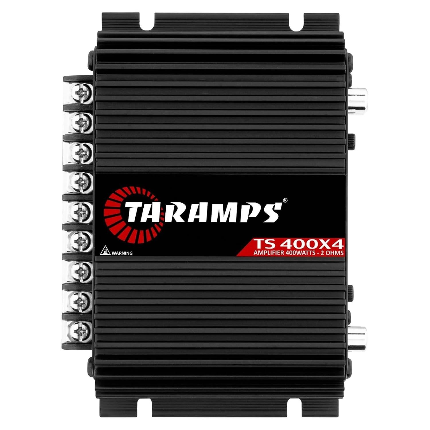 Taramps TS 400X4 Black 2 Ohms 400W RMS 4-Channel Car Audio Amplifier | High-Level and RCA Inputs, Bridgeable Channels, Built-In Crossover and Compact Class D Design for Flexible Installations.